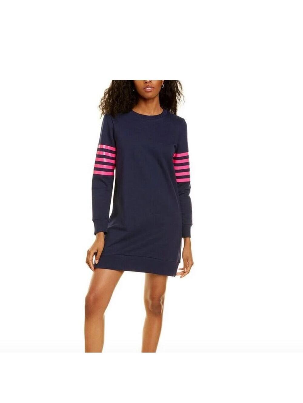Sail to Sable EUC Women's Navy Blue Sweatshirt Dress Pink Sleeve Stripes M